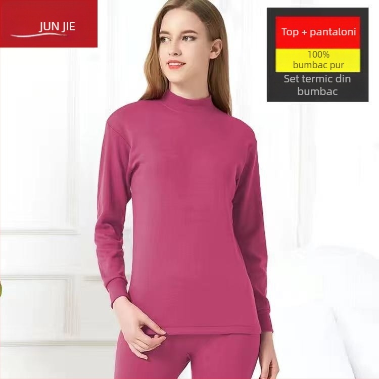 Set de lenjerie termică din bumbac pentru bărbați, top pulover cu mânecă lungă și pantaloni – 100% bumbac, țesătură de greutate medie, guler înalt