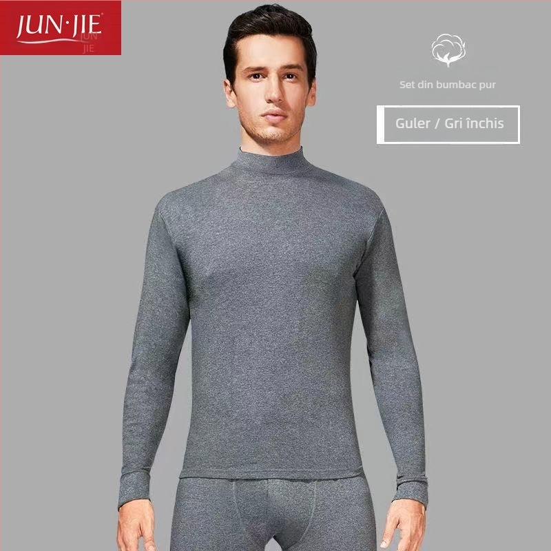 Set de lenjerie termică din bumbac pentru bărbați, top pulover cu mânecă lungă și pantaloni – 100% bumbac, țesătură de greutate medie, guler înalt