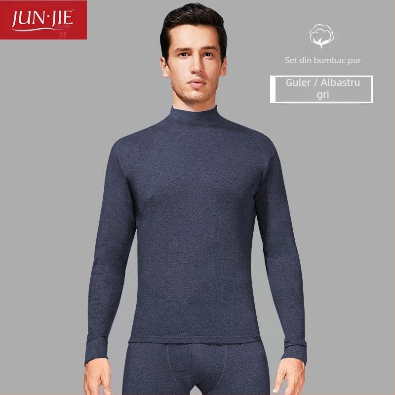 Set de lenjerie termică din bumbac pentru bărbați, top pulover cu mânecă lungă și pantaloni – 100% bumbac, țesătură de greutate medie, guler înalt