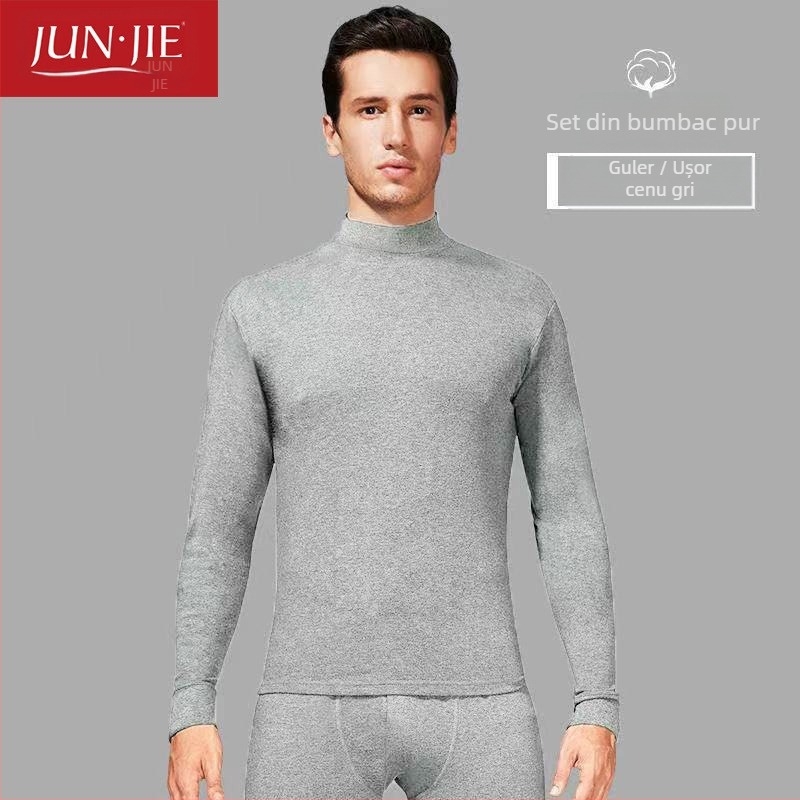 Set de lenjerie termică din bumbac pentru bărbați, top pulover cu mânecă lungă și pantaloni – 100% bumbac, țesătură de greutate medie, guler înalt