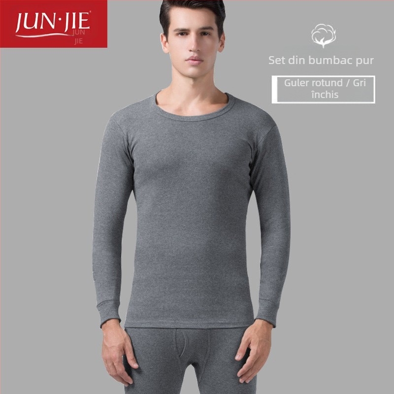 Set de lenjerie termică din bumbac pentru bărbați, top pulover cu mânecă lungă și pantaloni – 100% bumbac, țesătură de greutate medie, guler înalt