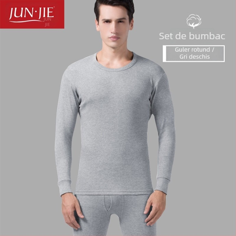 Set de lenjerie termică din bumbac pentru bărbați, top pulover cu mânecă lungă și pantaloni – 100% bumbac, țesătură de greutate medie, guler înalt