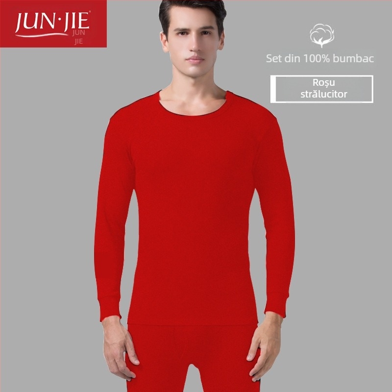Set de lenjerie termică din bumbac pentru bărbați, top pulover cu mânecă lungă și pantaloni – 100% bumbac, țesătură de greutate medie, guler înalt