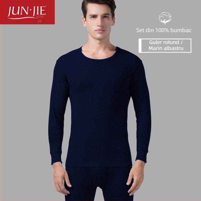 Set de lenjerie termică din bumbac pentru bărbați, top pulover cu mânecă lungă și pantaloni – 100% bumbac, țesătură de greutate medie, guler înalt