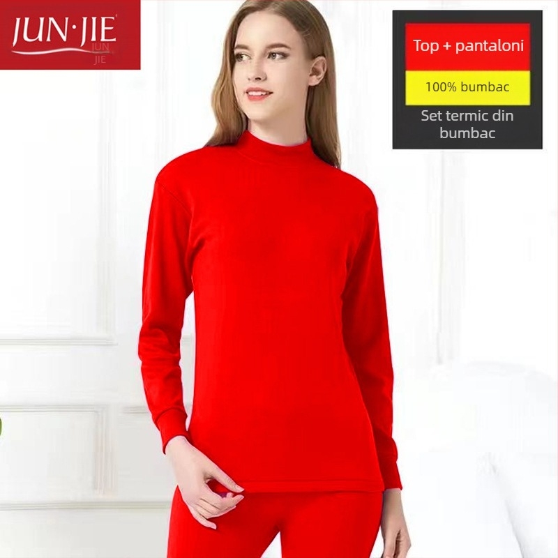 Set de lenjerie termică din bumbac pentru bărbați, top pulover cu mânecă lungă și pantaloni – 100% bumbac, țesătură de greutate medie, guler înalt