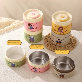 Cutie de prânz, oțel inoxidabil 304, capacitate 301–500 ml, potrivită pentru microunde, capac etanș, menține cald