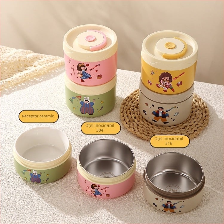 Cutie de prânz, oțel inoxidabil 304, capacitate 301–500 ml, potrivită pentru microunde, capac etanș, menține cald