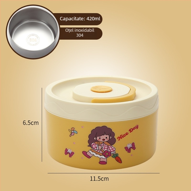 Cutie de prânz, oțel inoxidabil 304, capacitate 301–500 ml, potrivită pentru microunde, capac etanș, menține cald