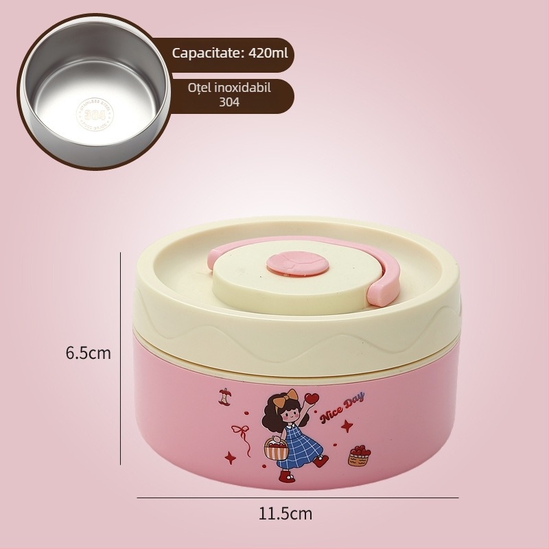 Cutie de prânz, oțel inoxidabil 304, capacitate 301–500 ml, potrivită pentru microunde, capac etanș, menține cald