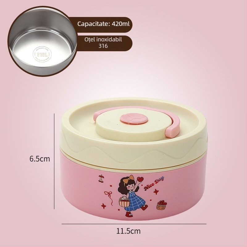 Cutie de prânz, oțel inoxidabil 304, capacitate 301–500 ml, potrivită pentru microunde, capac etanș, menține cald