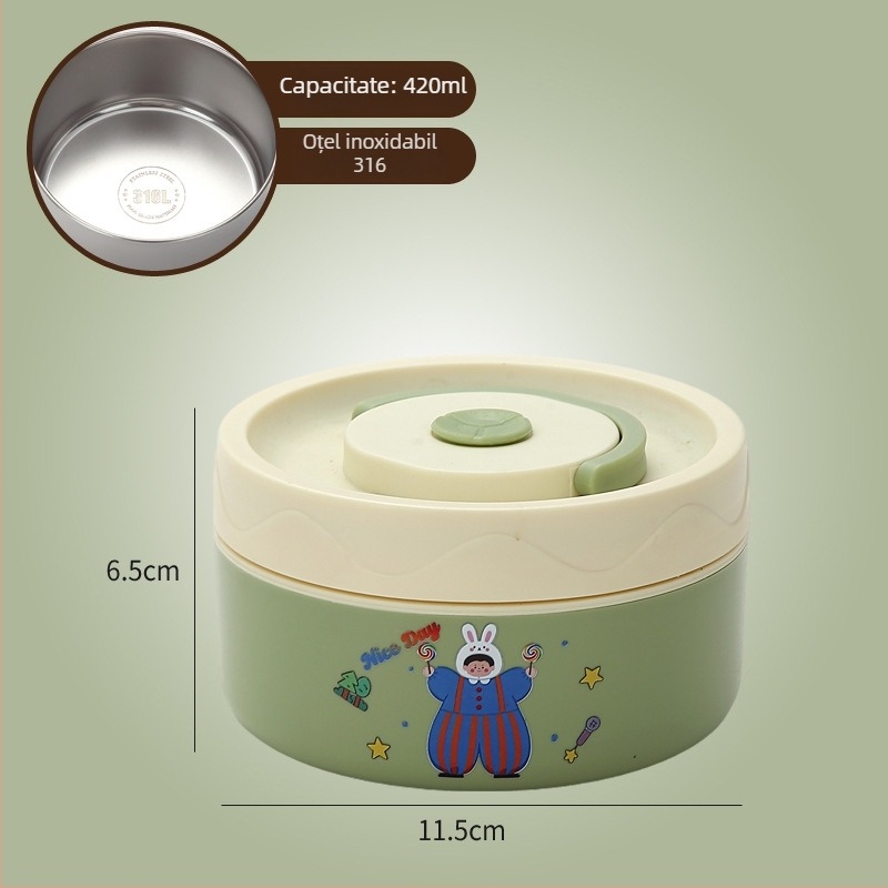 Cutie de prânz, oțel inoxidabil 304, capacitate 301–500 ml, potrivită pentru microunde, capac etanș, menține cald