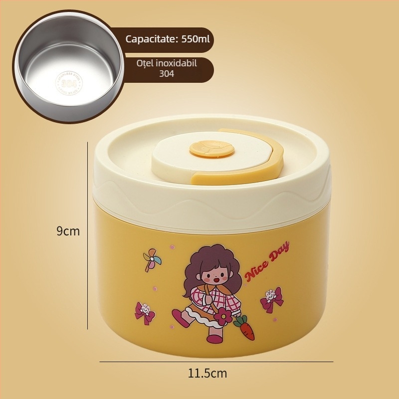Cutie de prânz, oțel inoxidabil 304, capacitate 301–500 ml, potrivită pentru microunde, capac etanș, menține cald
