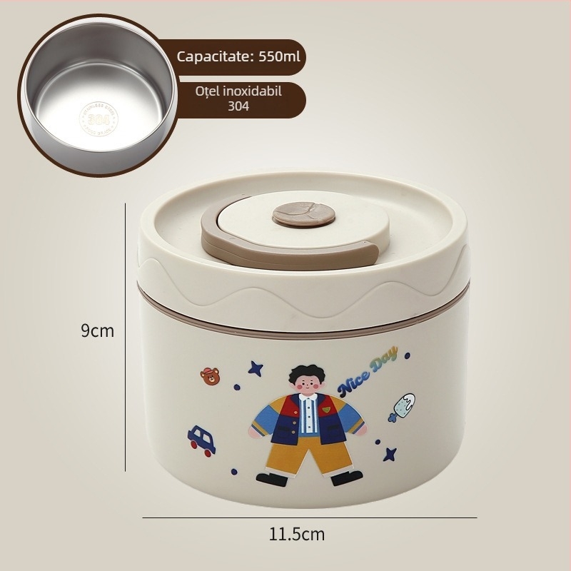 Cutie de prânz, oțel inoxidabil 304, capacitate 301–500 ml, potrivită pentru microunde, capac etanș, menține cald