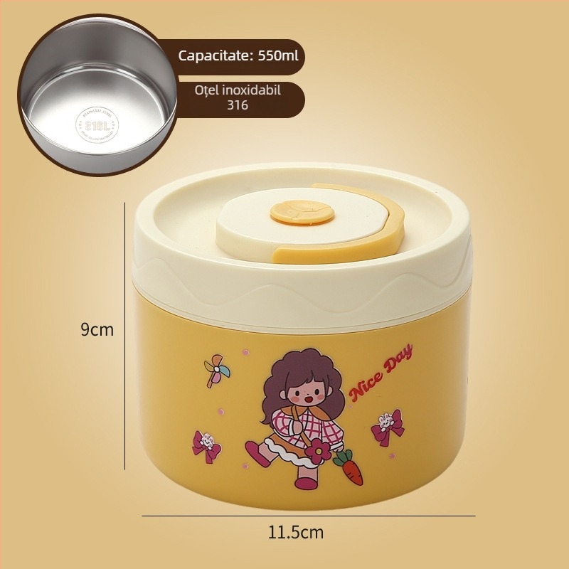 Cutie de prânz, oțel inoxidabil 304, capacitate 301–500 ml, potrivită pentru microunde, capac etanș, menține cald