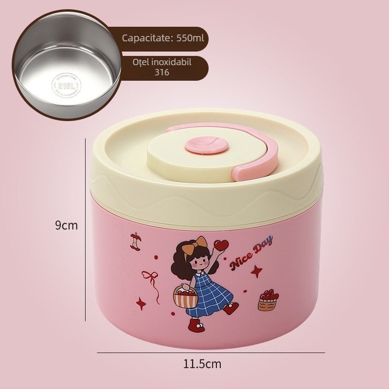 Cutie de prânz, oțel inoxidabil 304, capacitate 301–500 ml, potrivită pentru microunde, capac etanș, menține cald