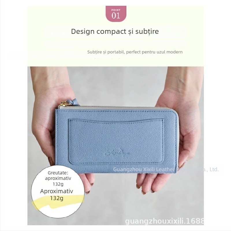 Portofel lung de damă din piele naturală, textură pebble, compartimente pentru carduri și monede, capacitate mare, piele naturală, piele de primul strat, căptușeală din piele de vițel