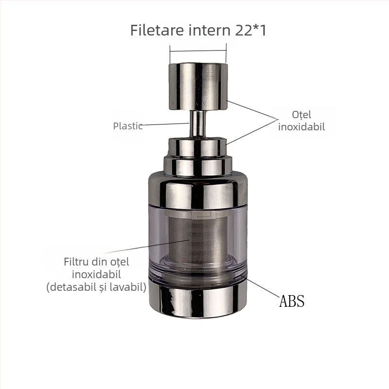 Duză filtrantă pentru robinet, din oțel inoxidabil, ieșire rotativă cu trei niveluri, cap anti-stropire și extensie