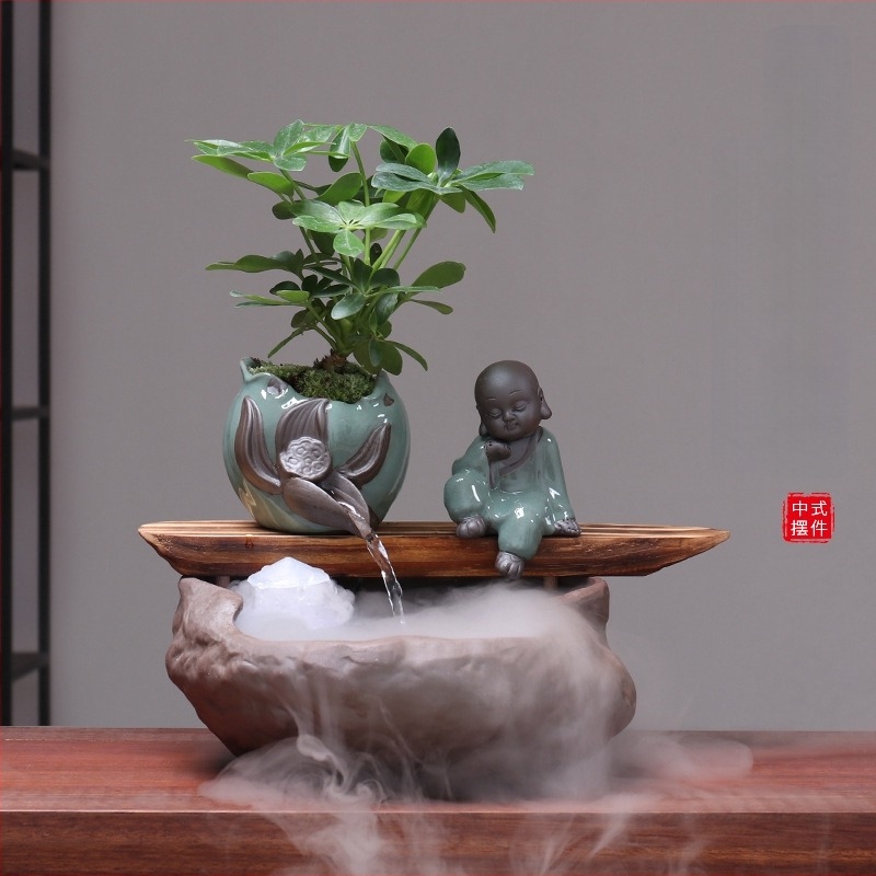 Ornament ceramic Feng Shui cu flux de apă – Roata Feng Shui pentru bogăție, lucrat manual, glazurat, stil chinezesc nou, Lotus