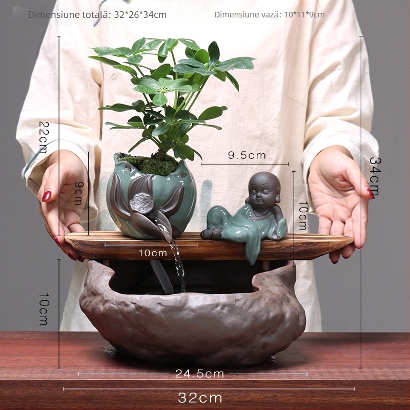 Ornament ceramic Feng Shui cu flux de apă – Roata Feng Shui pentru bogăție, lucrat manual, glazurat, stil chinezesc nou, Lotus