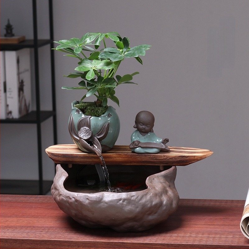Ornament ceramic Feng Shui cu flux de apă – Roata Feng Shui pentru bogăție, lucrat manual, glazurat, stil chinezesc nou, Lotus