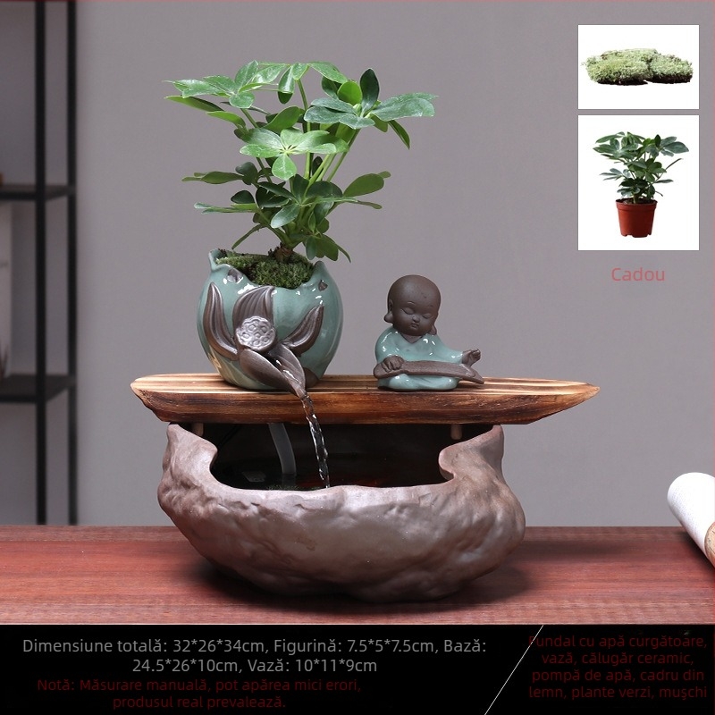 Ornament ceramic Feng Shui cu flux de apă – Roata Feng Shui pentru bogăție, lucrat manual, glazurat, stil chinezesc nou, Lotus