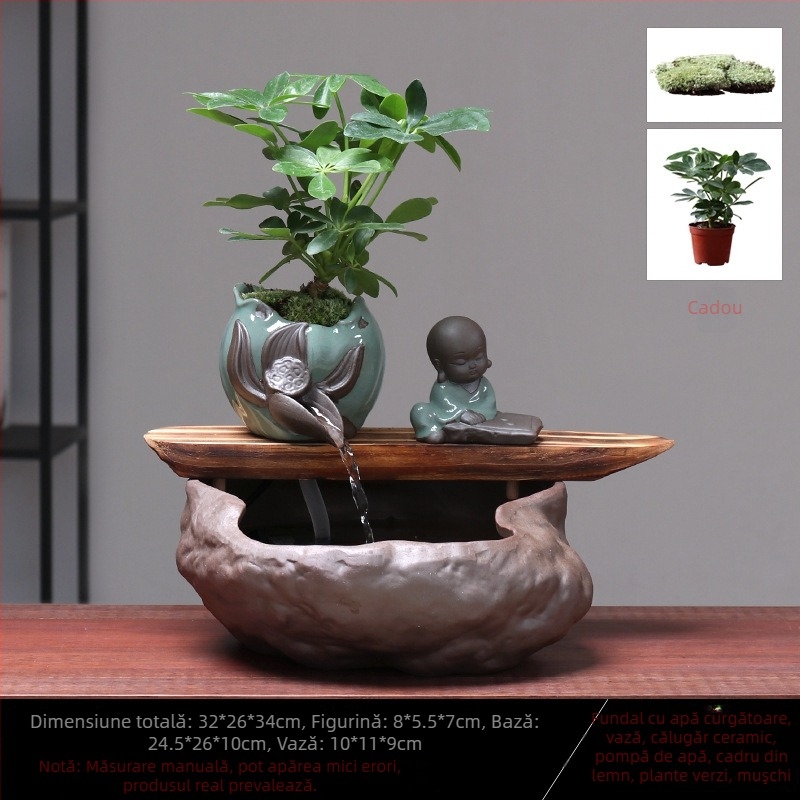 Ornament ceramic Feng Shui cu flux de apă – Roata Feng Shui pentru bogăție, lucrat manual, glazurat, stil chinezesc nou, Lotus