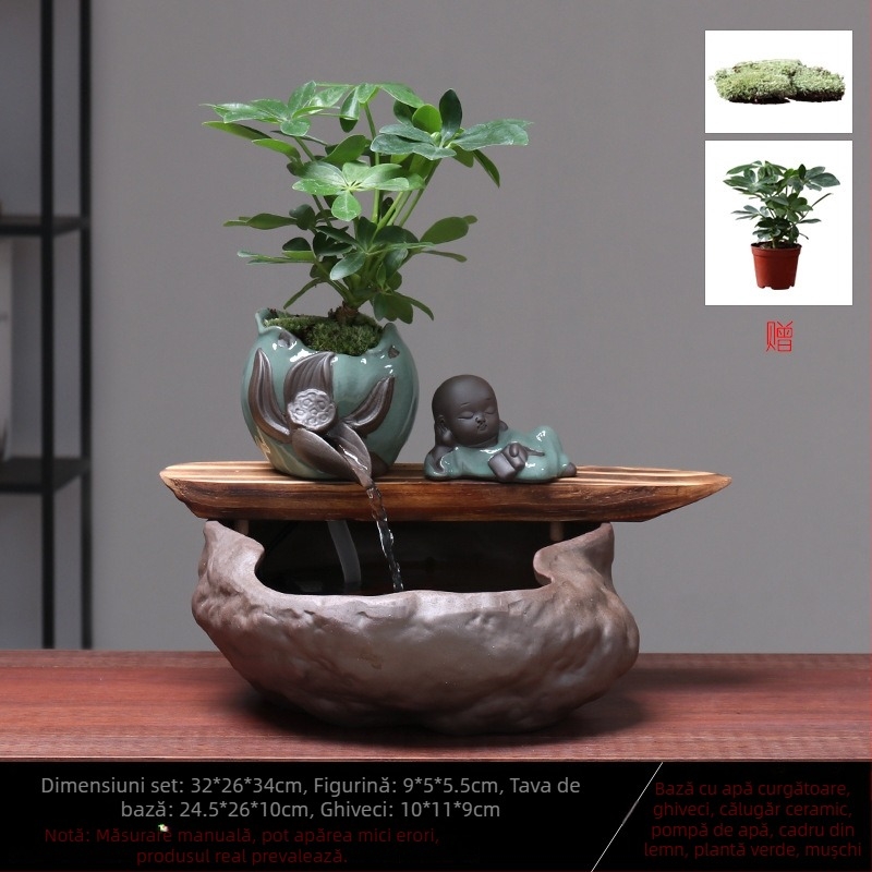 Ornament ceramic Feng Shui cu flux de apă – Roata Feng Shui pentru bogăție, lucrat manual, glazurat, stil chinezesc nou, Lotus