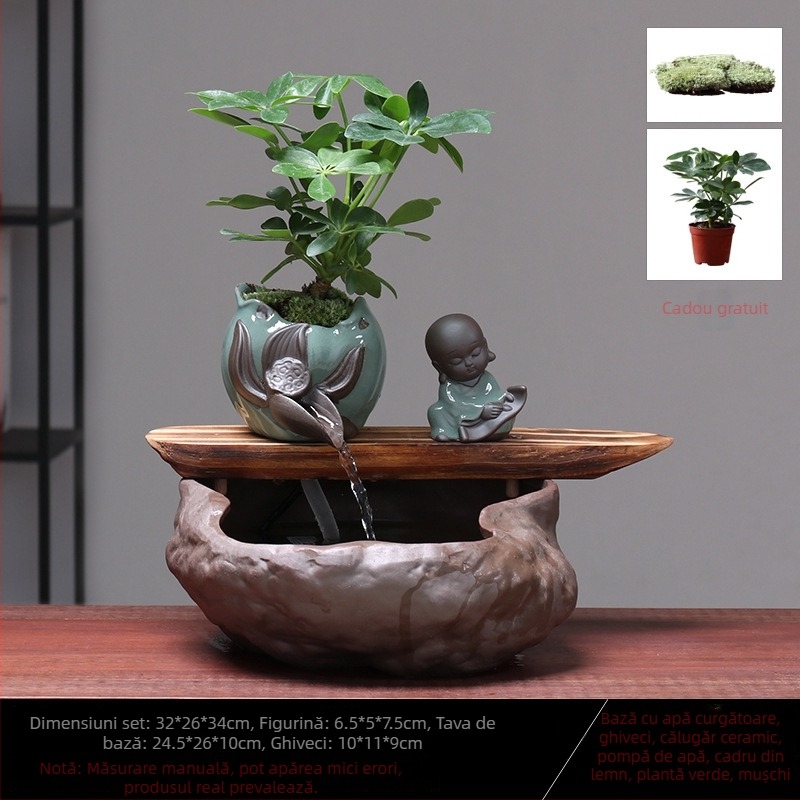 Ornament ceramic Feng Shui cu flux de apă – Roata Feng Shui pentru bogăție, lucrat manual, glazurat, stil chinezesc nou, Lotus