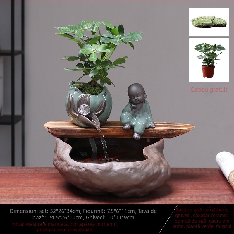 Ornament ceramic Feng Shui cu flux de apă – Roata Feng Shui pentru bogăție, lucrat manual, glazurat, stil chinezesc nou, Lotus