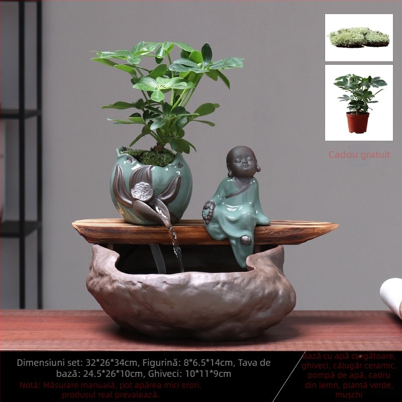 Ornament ceramic Feng Shui cu flux de apă – Roata Feng Shui pentru bogăție, lucrat manual, glazurat, stil chinezesc nou, Lotus