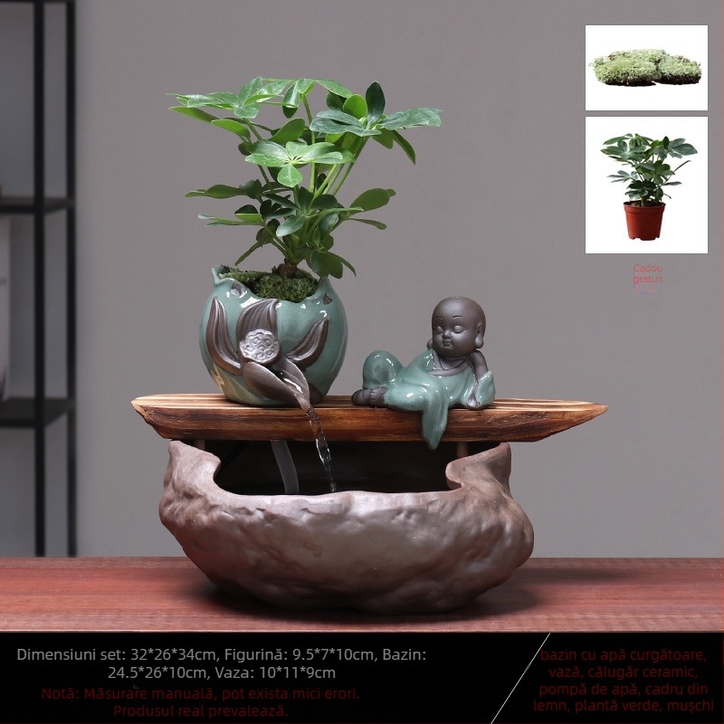 Ornament ceramic Feng Shui cu flux de apă – Roata Feng Shui pentru bogăție, lucrat manual, glazurat, stil chinezesc nou, Lotus