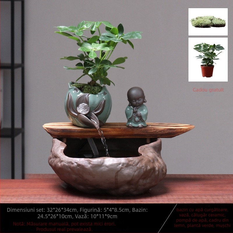 Ornament ceramic Feng Shui cu flux de apă – Roata Feng Shui pentru bogăție, lucrat manual, glazurat, stil chinezesc nou, Lotus