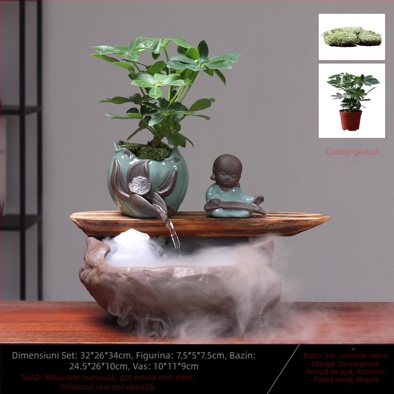 Ornament ceramic Feng Shui cu flux de apă – Roata Feng Shui pentru bogăție, lucrat manual, glazurat, stil chinezesc nou, Lotus