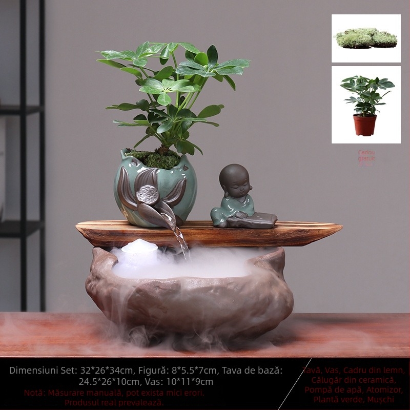 Ornament ceramic Feng Shui cu flux de apă – Roata Feng Shui pentru bogăție, lucrat manual, glazurat, stil chinezesc nou, Lotus