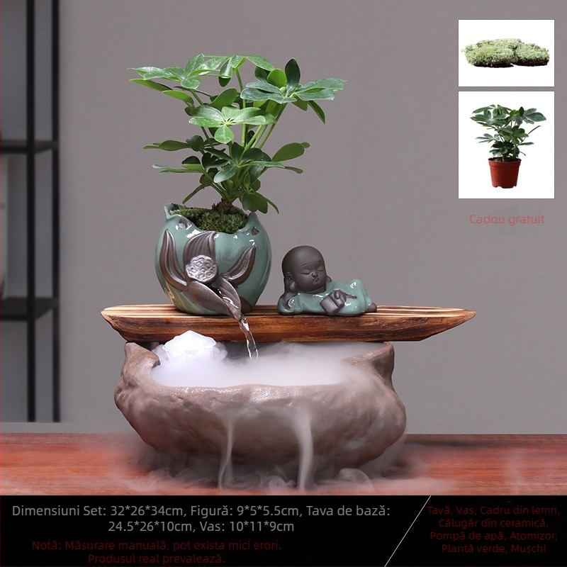 Ornament ceramic Feng Shui cu flux de apă – Roata Feng Shui pentru bogăție, lucrat manual, glazurat, stil chinezesc nou, Lotus