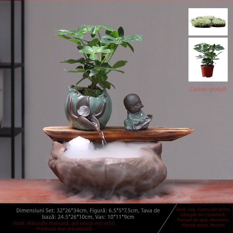 Ornament ceramic Feng Shui cu flux de apă – Roata Feng Shui pentru bogăție, lucrat manual, glazurat, stil chinezesc nou, Lotus