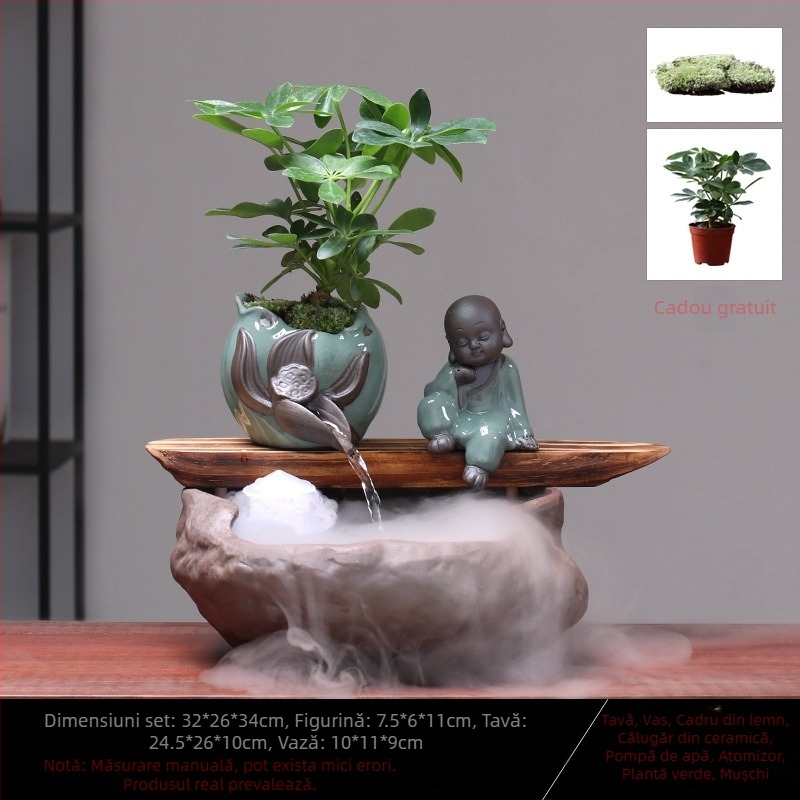 Ornament ceramic Feng Shui cu flux de apă – Roata Feng Shui pentru bogăție, lucrat manual, glazurat, stil chinezesc nou, Lotus