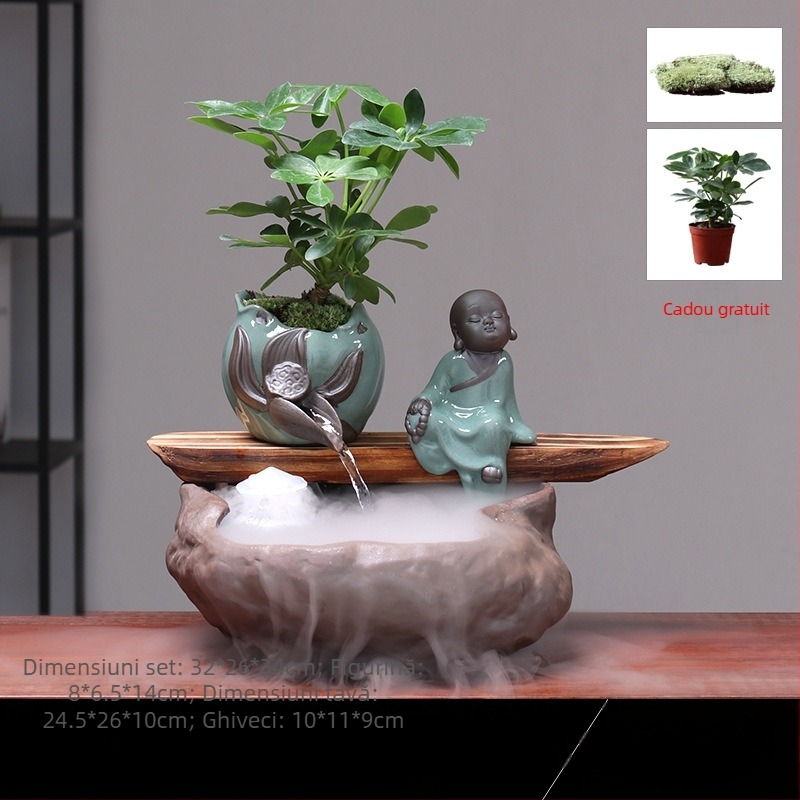 Ornament ceramic Feng Shui cu flux de apă – Roata Feng Shui pentru bogăție, lucrat manual, glazurat, stil chinezesc nou, Lotus