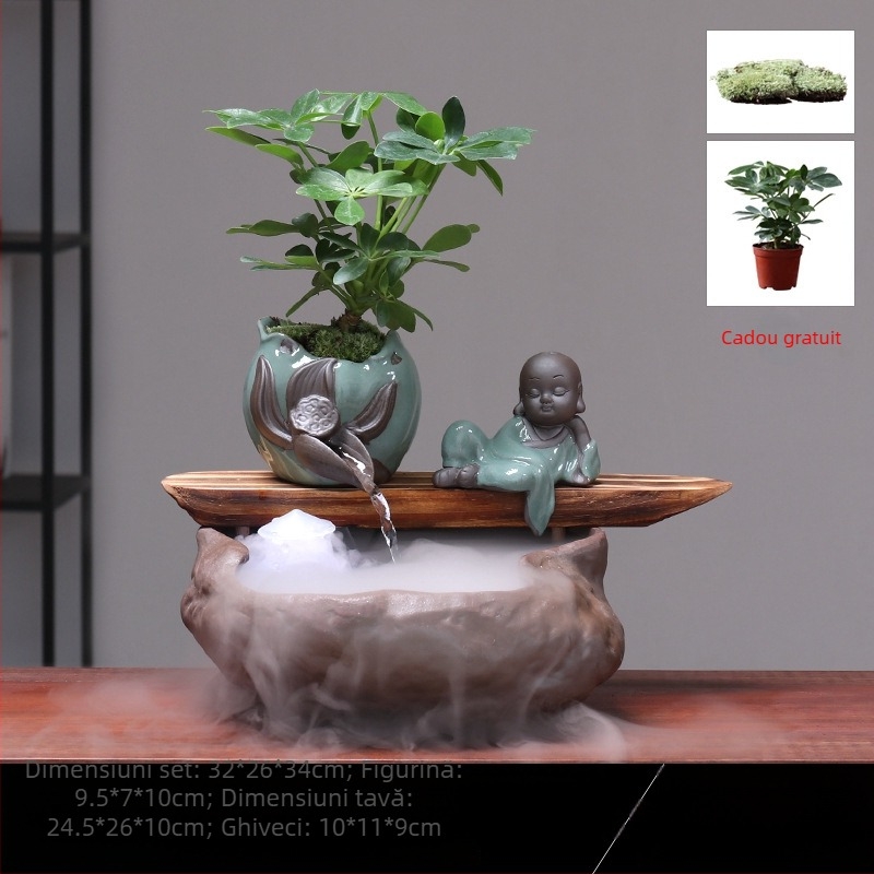 Ornament ceramic Feng Shui cu flux de apă – Roata Feng Shui pentru bogăție, lucrat manual, glazurat, stil chinezesc nou, Lotus