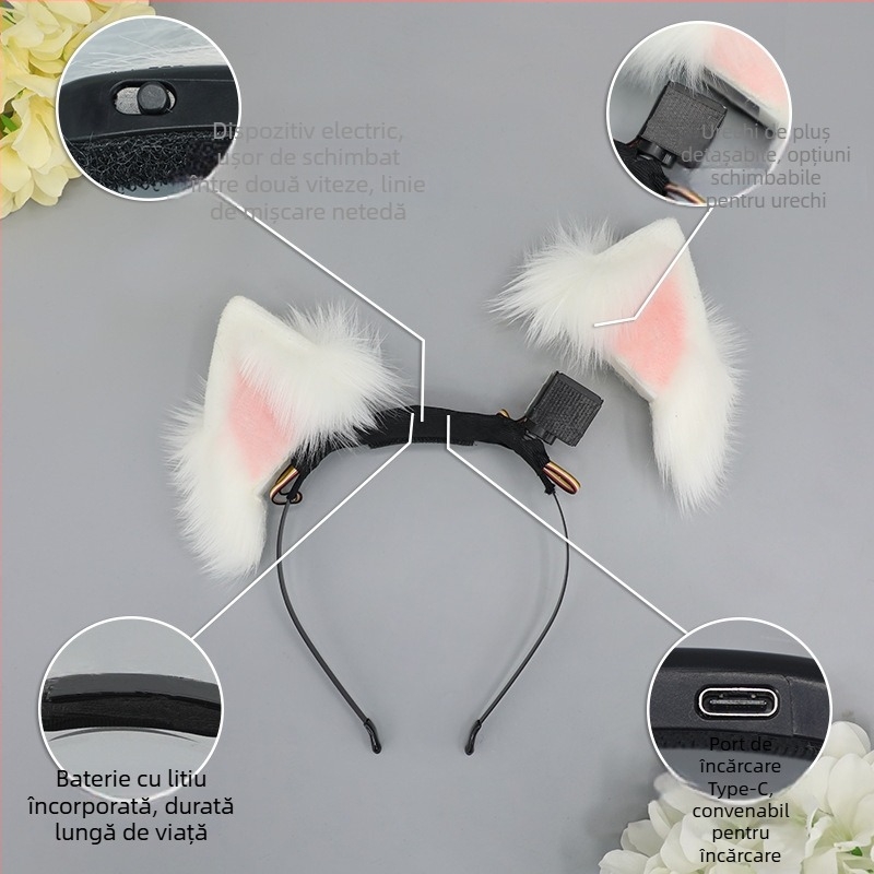 Bentiță de cap cu urechi de pisică – pluș, manufactură manuală, stil desen animat, unisex