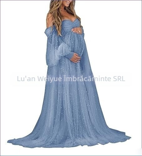 Rochie cu un umăr, din plasă patchwork, maternitate, A-line lungă, mâneci puff