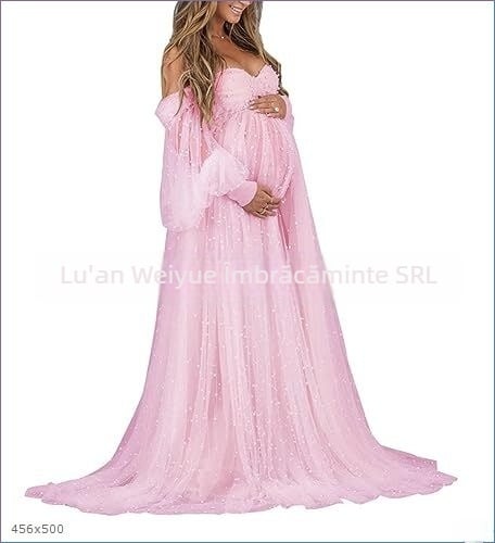 Rochie cu un umăr, din plasă patchwork, maternitate, A-line lungă, mâneci puff