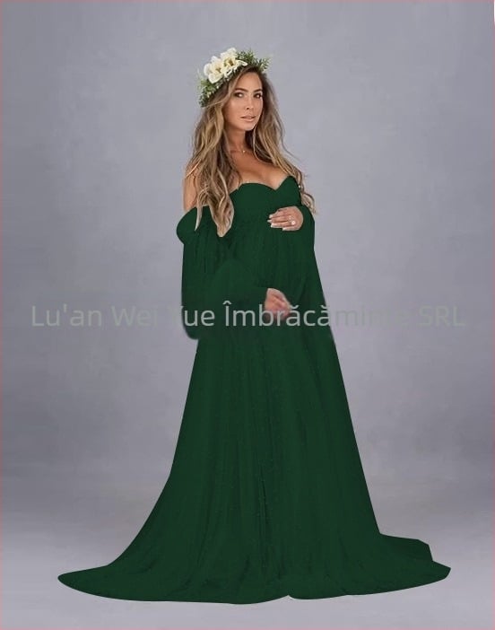 Rochie cu un umăr, din plasă patchwork, maternitate, A-line lungă, mâneci puff