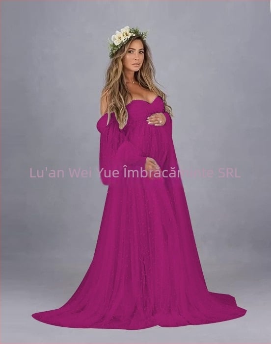 Rochie cu un umăr, din plasă patchwork, maternitate, A-line lungă, mâneci puff