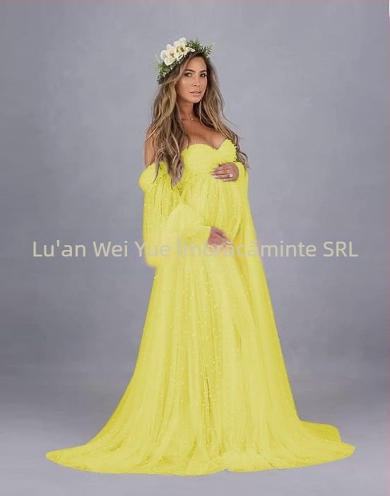 Rochie cu un umăr, din plasă patchwork, maternitate, A-line lungă, mâneci puff