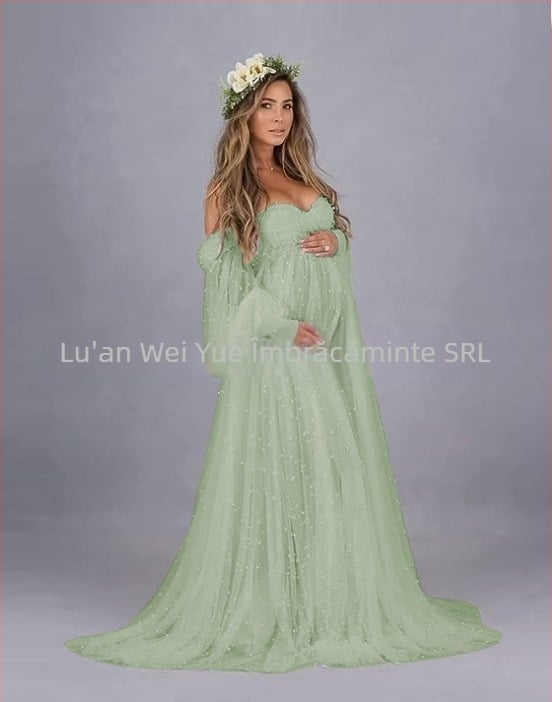 Rochie cu un umăr, din plasă patchwork, maternitate, A-line lungă, mâneci puff