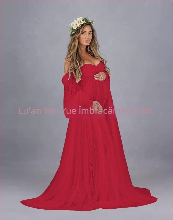 Rochie cu un umăr, din plasă patchwork, maternitate, A-line lungă, mâneci puff