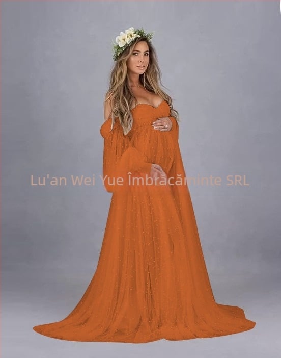 Rochie cu un umăr, din plasă patchwork, maternitate, A-line lungă, mâneci puff