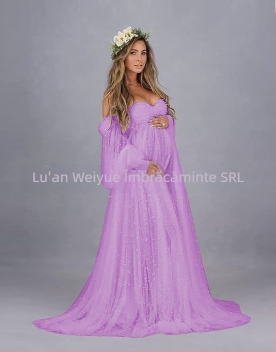 Rochie cu un umăr, din plasă patchwork, maternitate, A-line lungă, mâneci puff