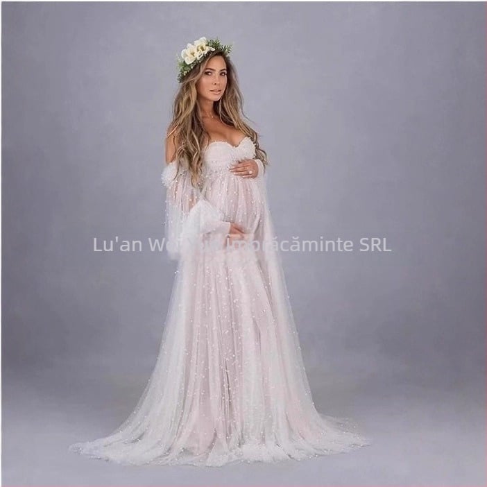 Rochie cu un umăr, din plasă patchwork, maternitate, A-line lungă, mâneci puff